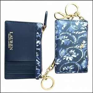 Lauren Ralph Lauren Leather Navy Blue Paisley Zip Card Case Wallet Key Ring NWT
